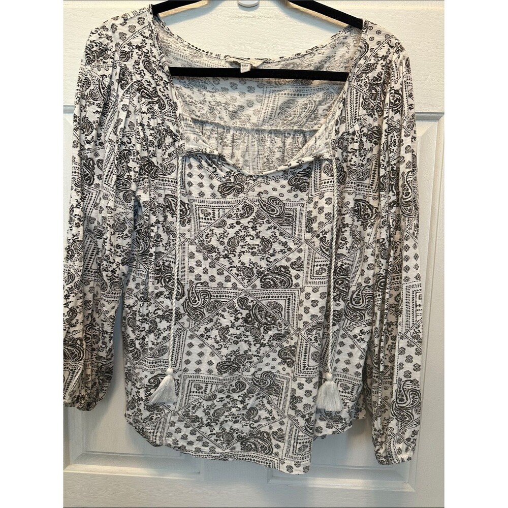 Lucky Brand Black & White Paisley Tie-Front Peasant Top